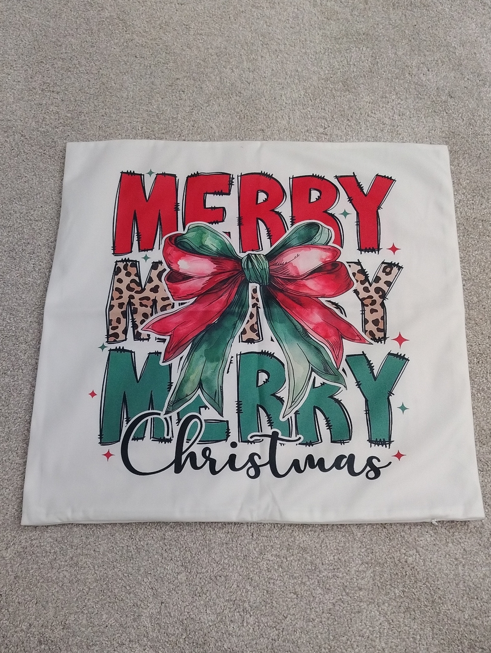 Merry Christmas Holiday Pillow Cover with Red & Green Bow Double Sided NEW